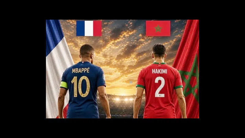 Cầu thủ Pháp và Morocco tranh chấp quả bóng trên sân